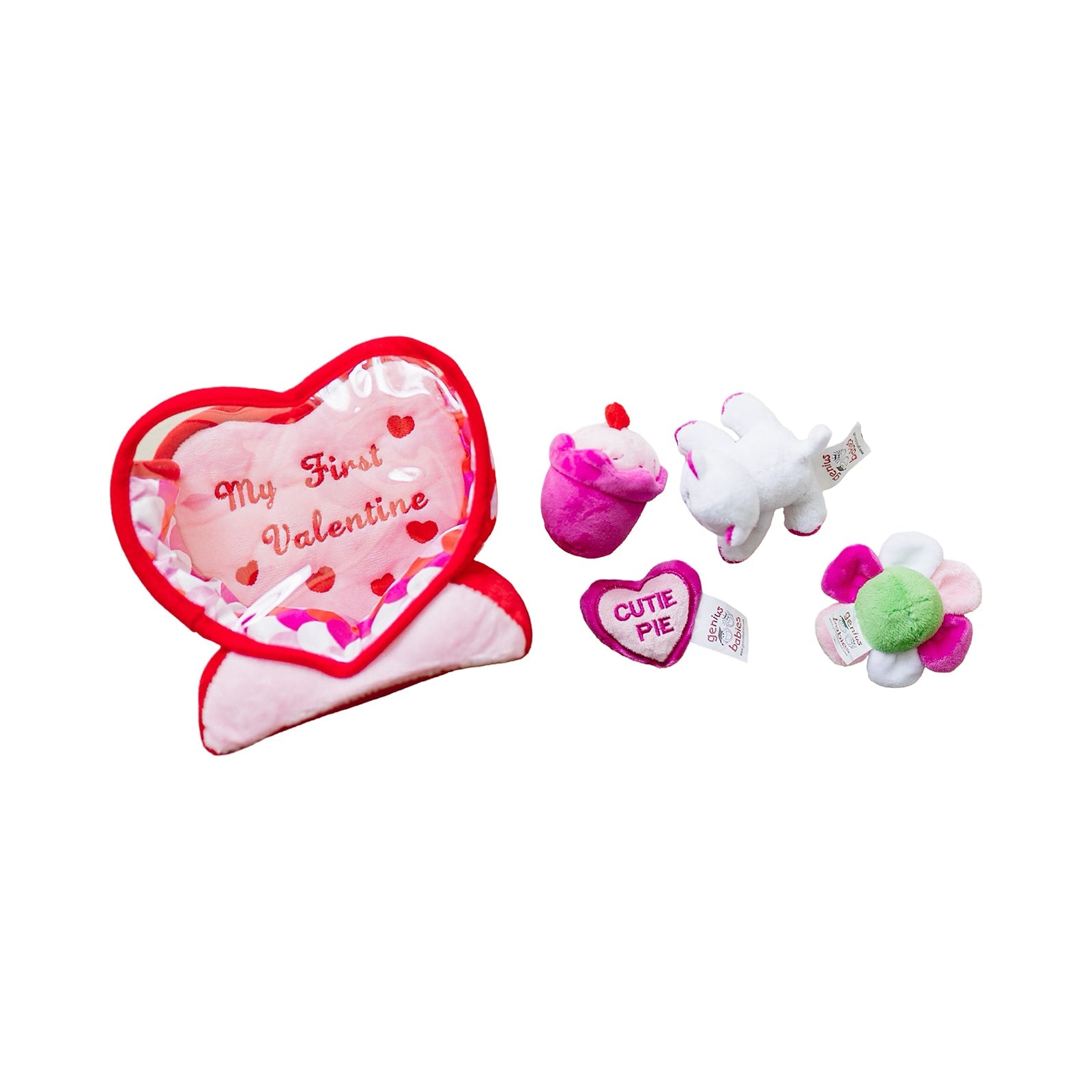 Valentine's Day Plush Fill & Spill Playset & Keepsake Gift with 4 ct Mini Sensory Toys (Cat, Heart, Flower, Cupcake)