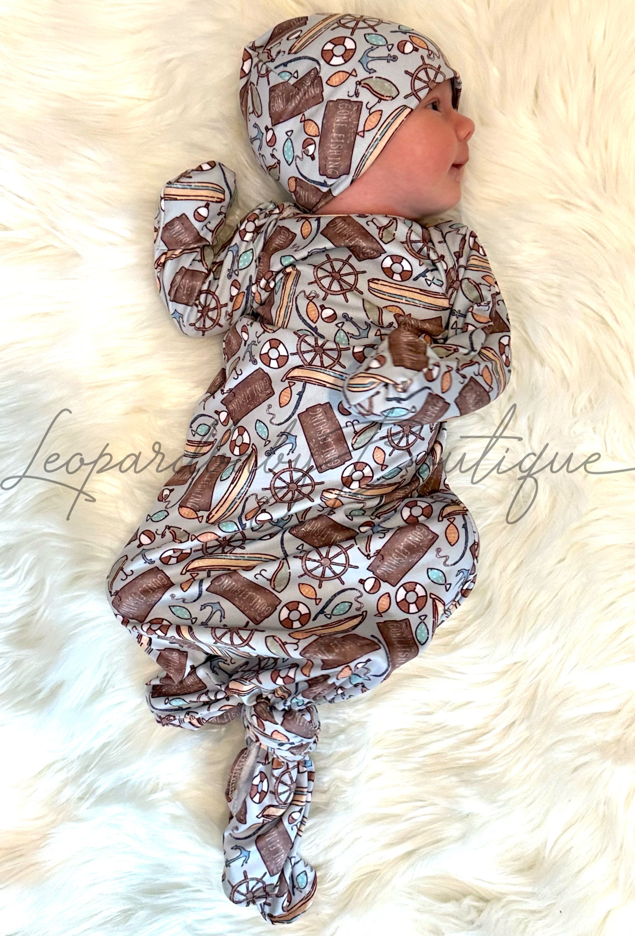 Gone fishing knotted gown and hat set