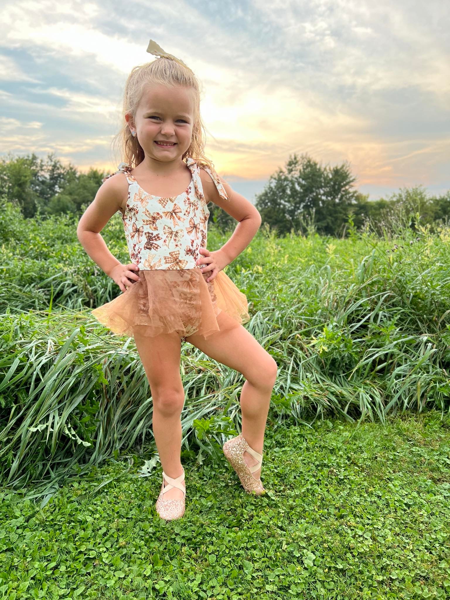 Fall bows mesh tie romper