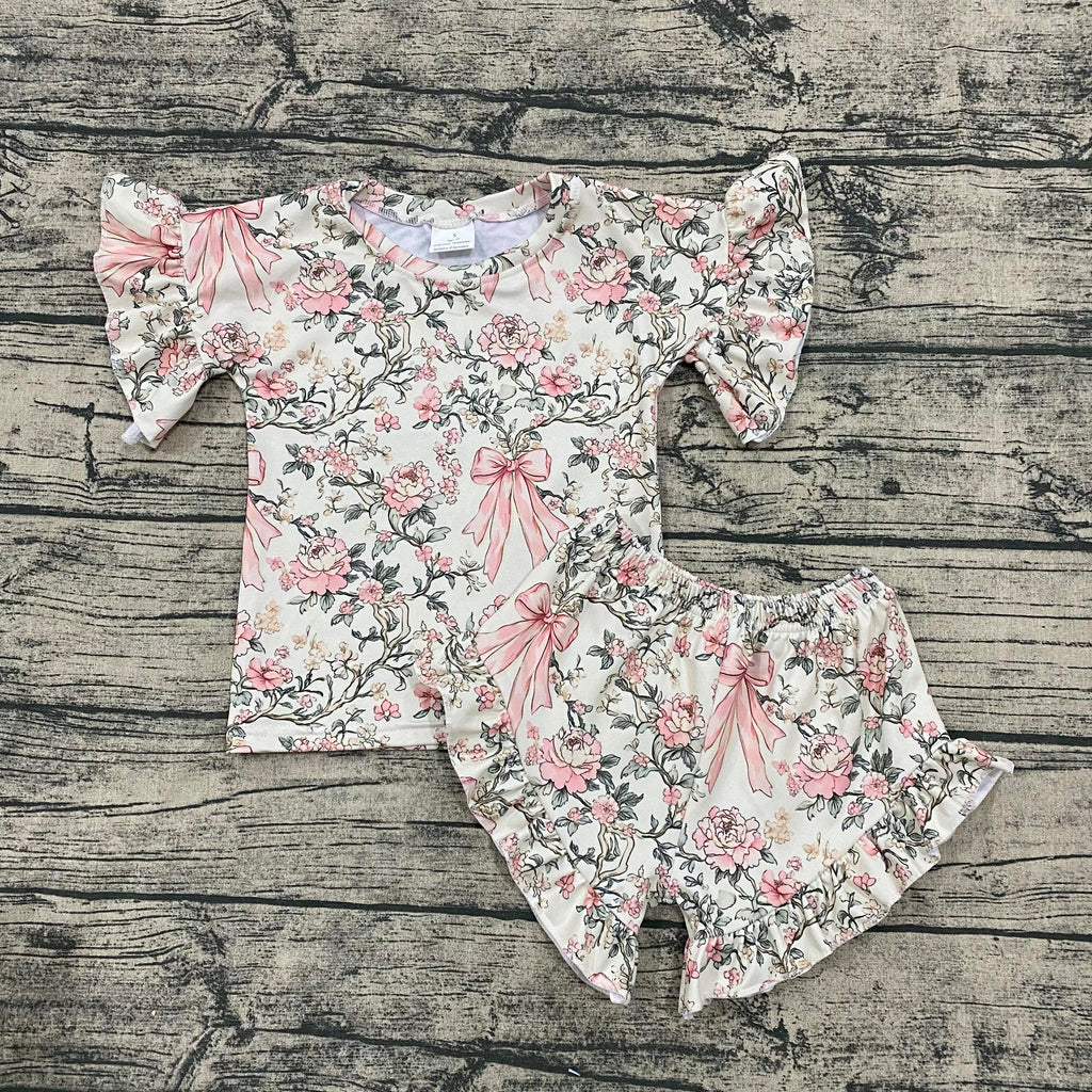 Floral bow ruffle top set
