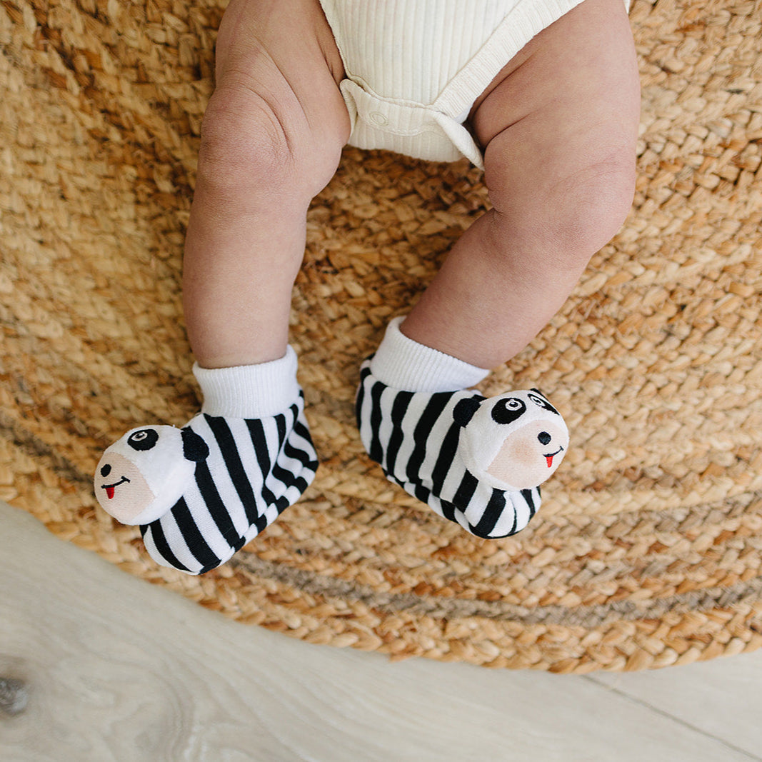 Black & White Pair of Panda Baby Booties with Rattle
