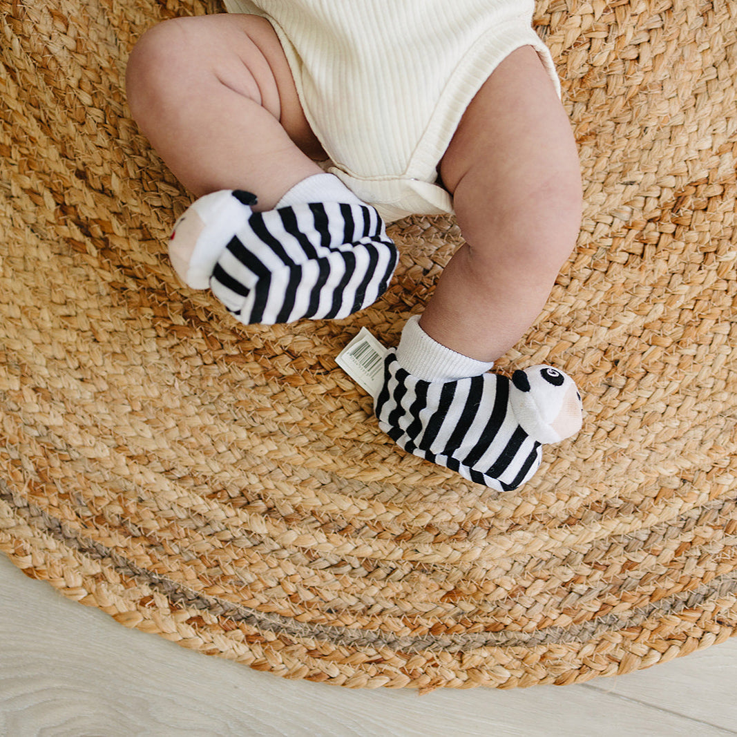 Black & White Pair of Panda Baby Booties with Rattle