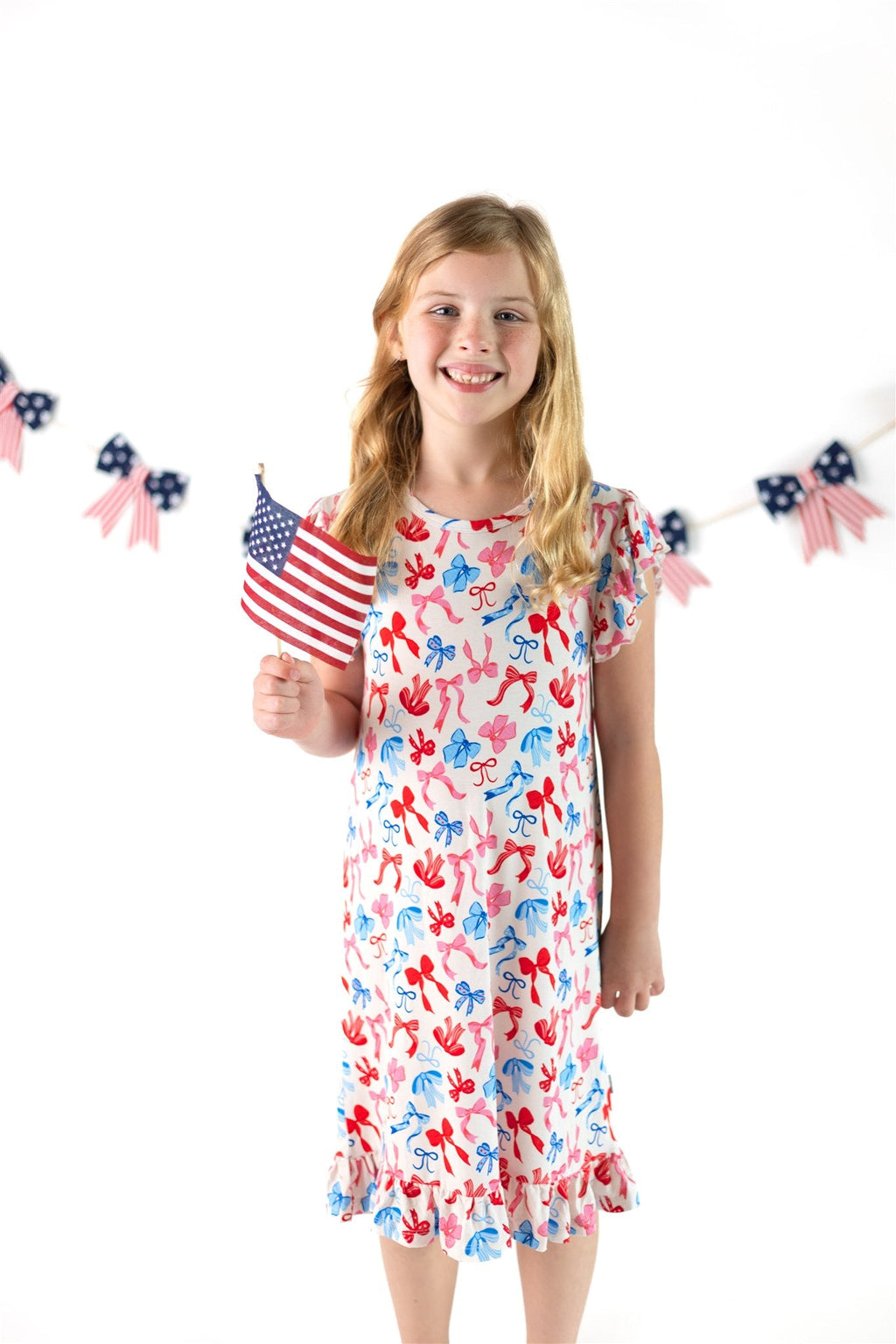 Red, White, & Blue Nightgown | Patriotic Bows Girls Bamboo Nightgown