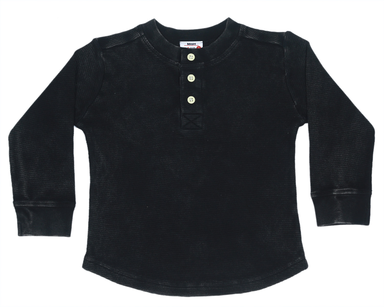 Kids Long Sleeve Thermal Henley Shirt - Black