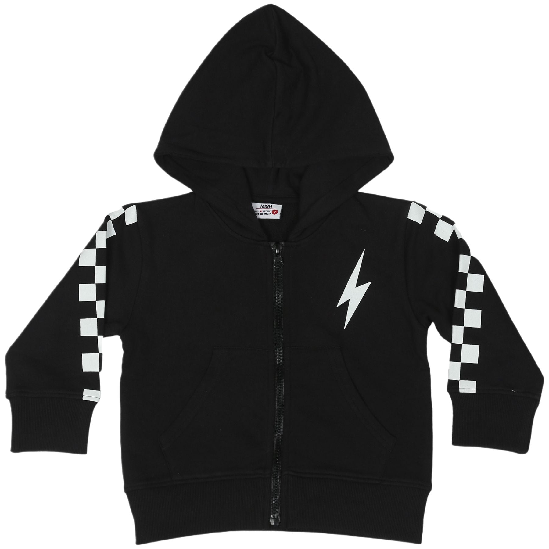 Kids Zip Hoodie - Black Checkered Bolt