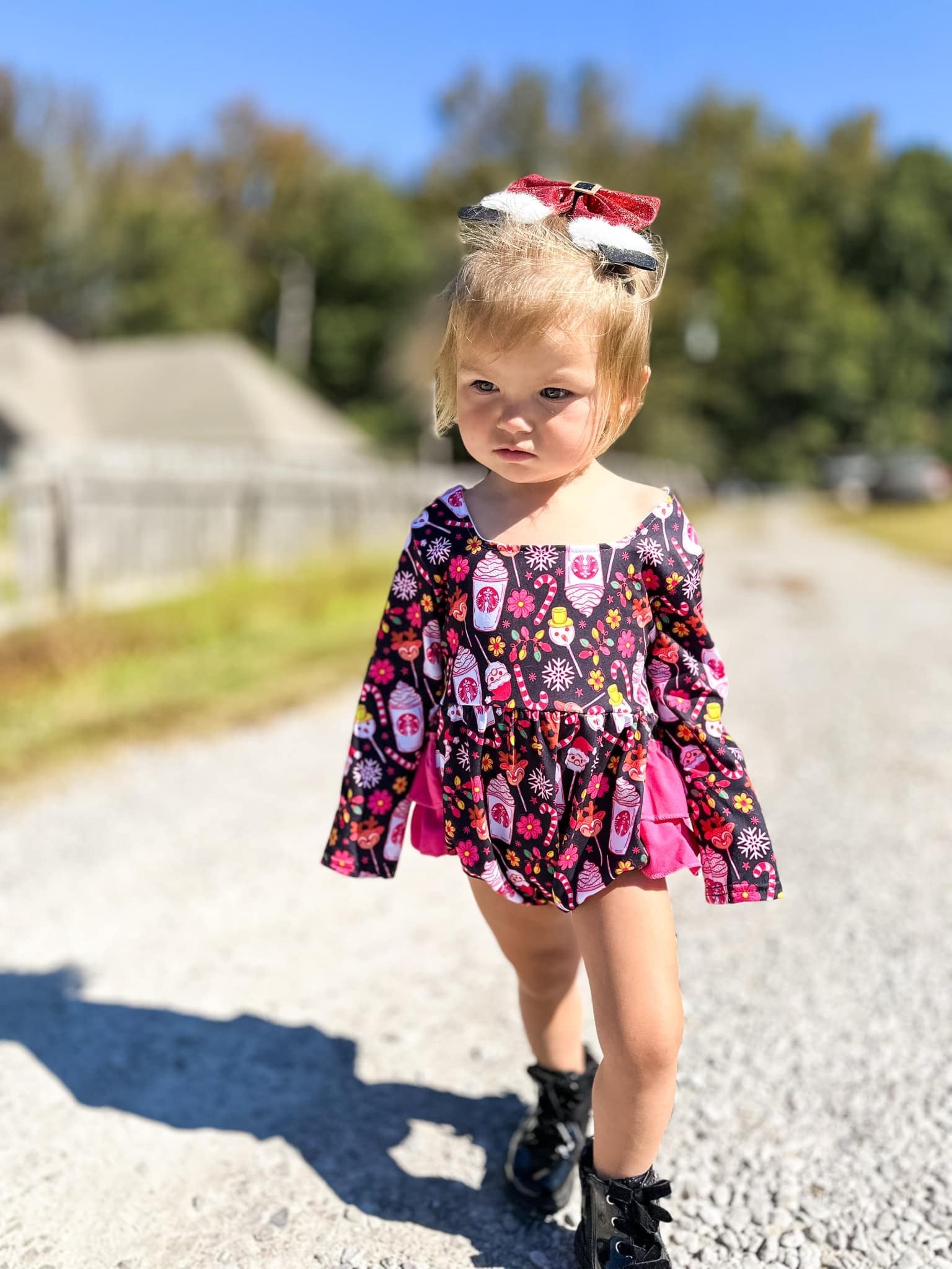 Pink Christmas coffee ruffle romper