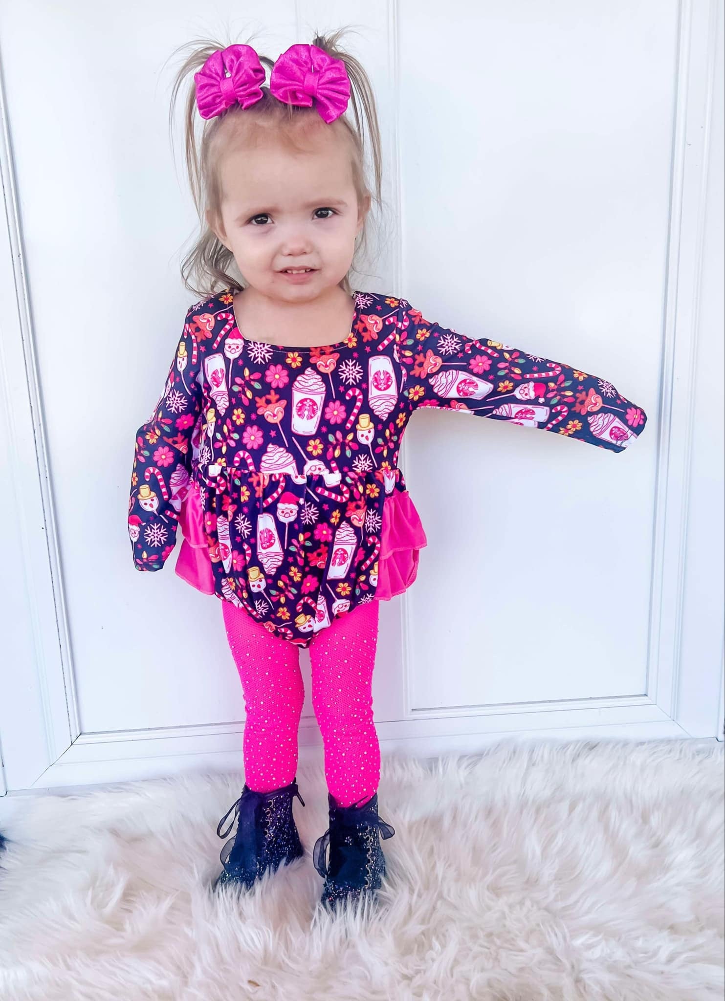 Pink Christmas coffee ruffle romper