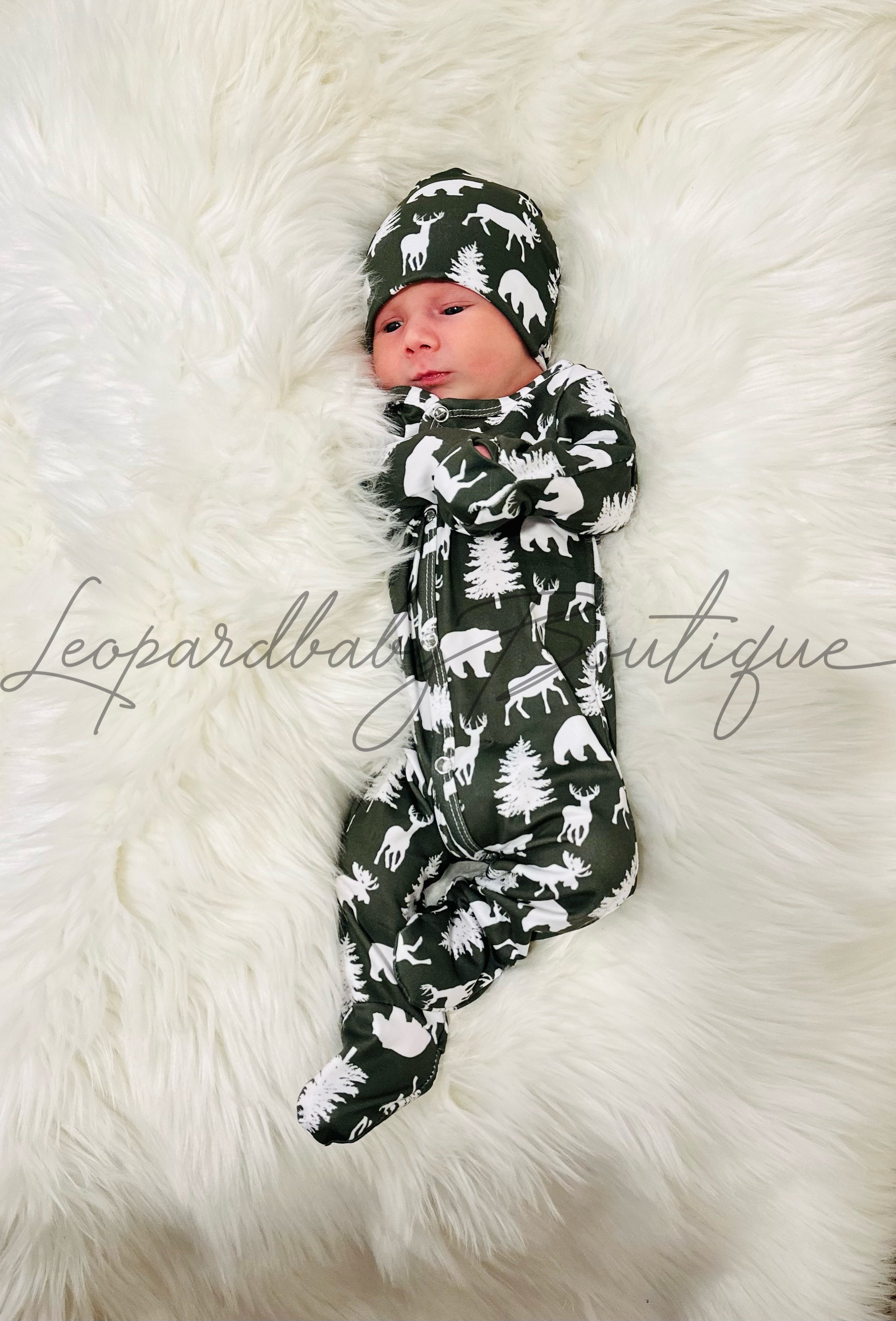 NEWBORN hunter green woodland sleeper Set