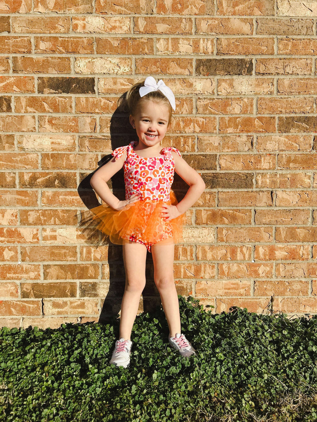 Orange and pink leopard mesh skirted romper