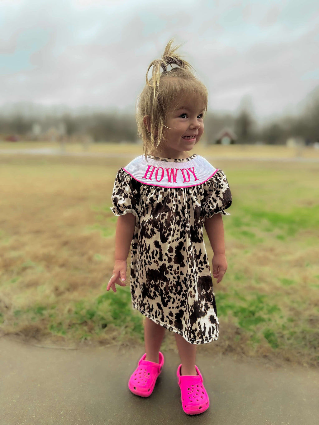 Smocked cowhide howdy Dress