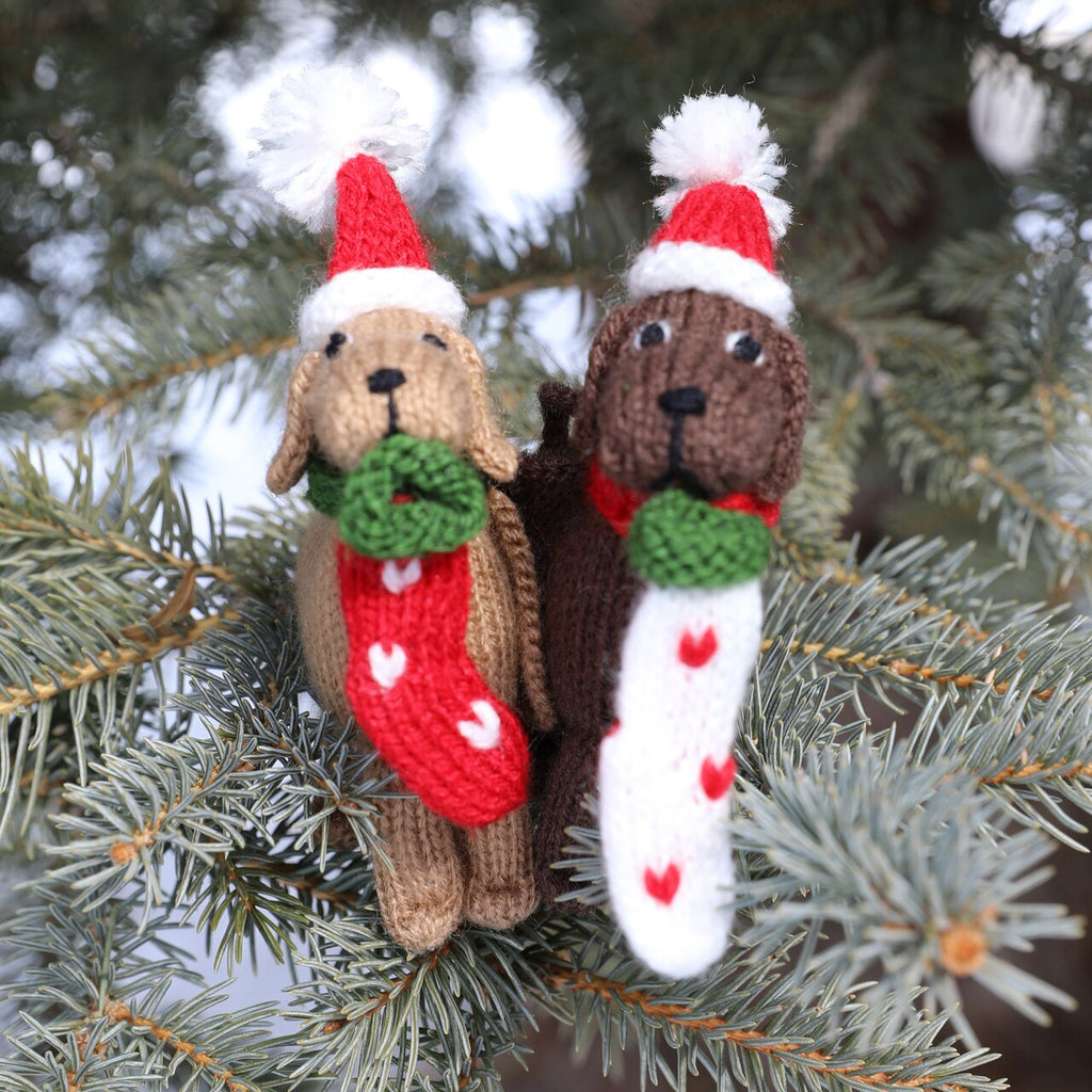 Dog with Stocking Ornament, set of 2