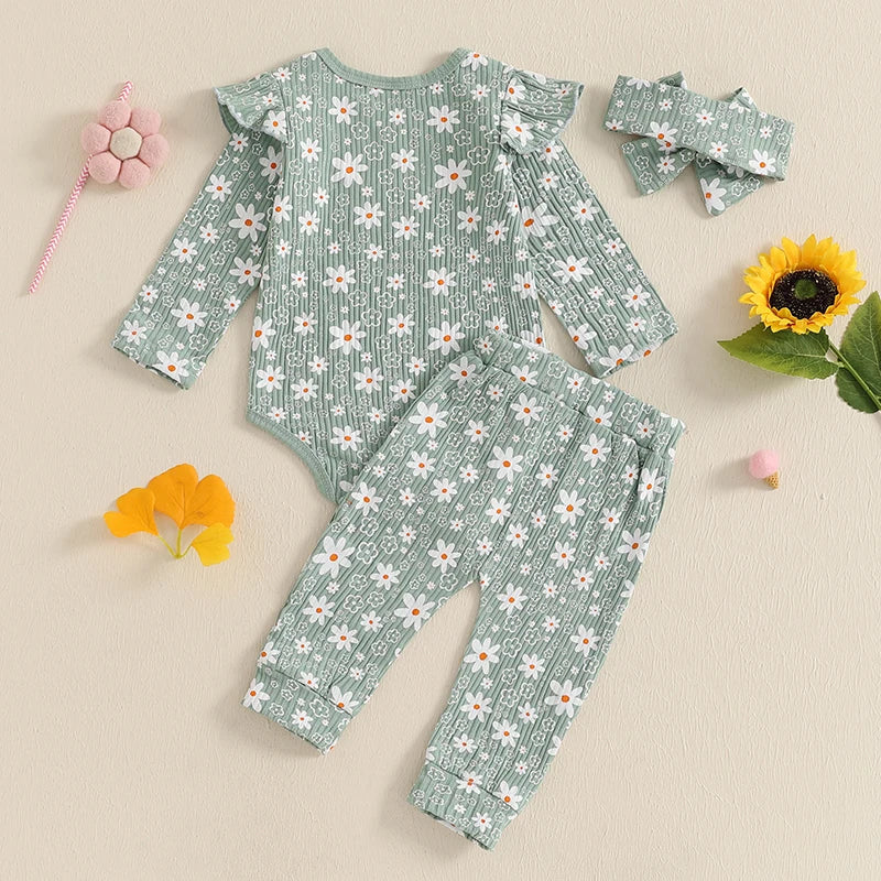 Baby Girl 3Pcs Spring Fall Outfit Floral Print Long Frill Sleeve Romper Long Flower Pants Headband Set
