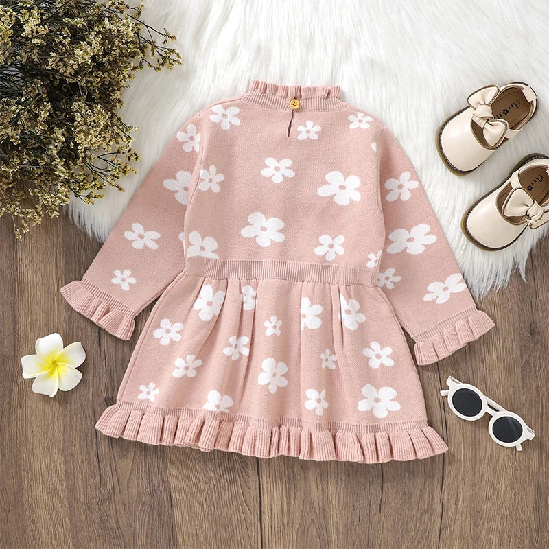 Baby Toddler Girl Long Sleeve Flower Floral Print Ruffle Sweater A-Line Dress