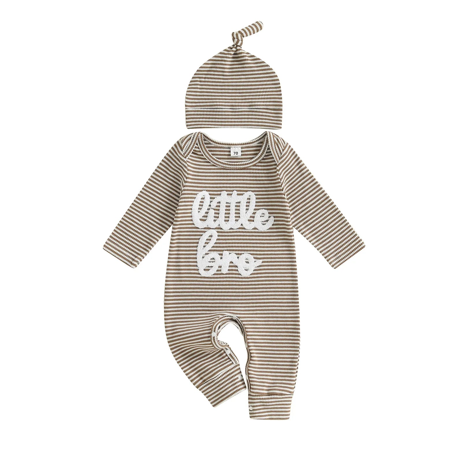 Baby Boys 2Pcs Autumn Striped Jumpsuit Long Sleeve Crewneck Letter Little Bro Embroidery Romper with Hat Set