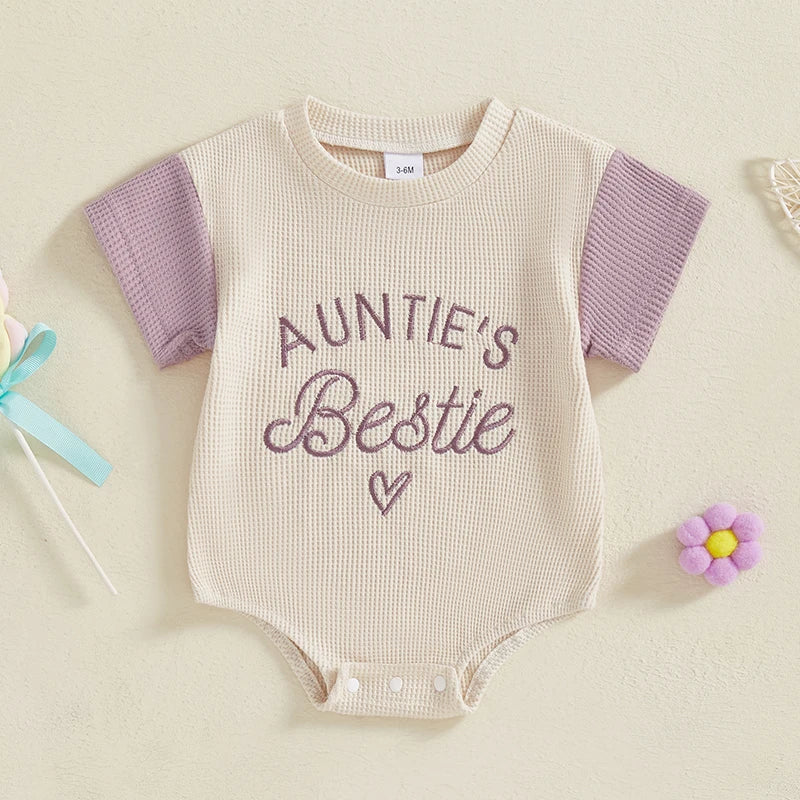 Baby Girl Auntie's Bestie Romper Contrast Color Letter Embroidery Waffle Crew Neck Short Sleeve Jumpsuit