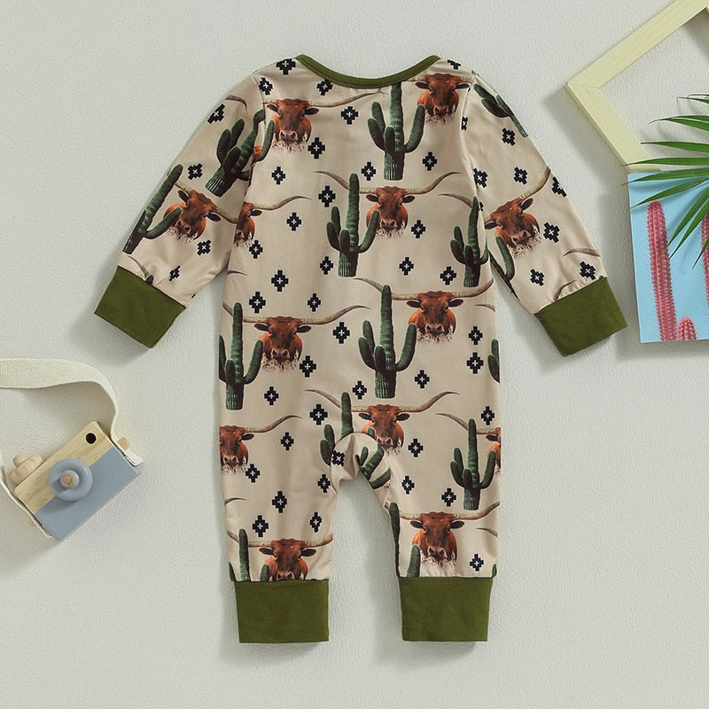 Baby Boys Girls Jumpsuit Long Sleeve Cow/Horse Print Zipped Autumn Romper Clothes