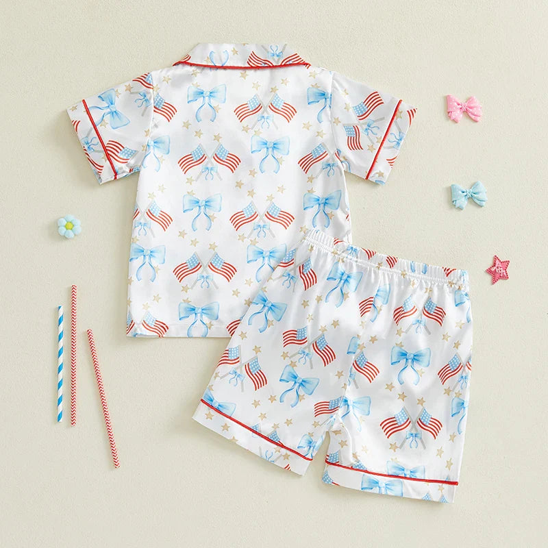 Toddler Girls Patriotic Pajamas Set Summer Star/Bow Print Button up Short Sleeves Shirt with Elastic Shorts for Loungewear