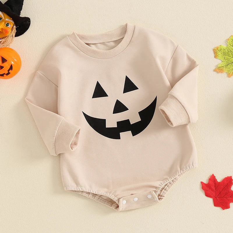Baby Girls Boys Halloween Romper Casual Pumpkin Jack O Lantern Face Print Round Neck Long Sleeve Jumpsuit