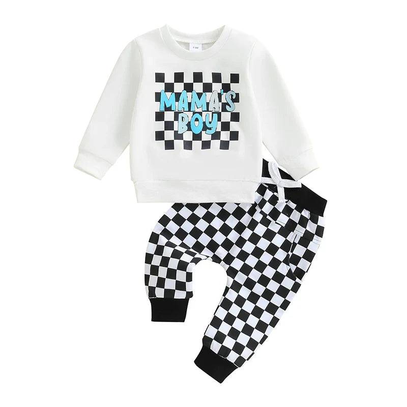 Baby Toddler Boys 2Pcs Mama's Boy Checkered Set Letter Print Long Sleeve Round Neck Top with Pocket Long Pants Outfit