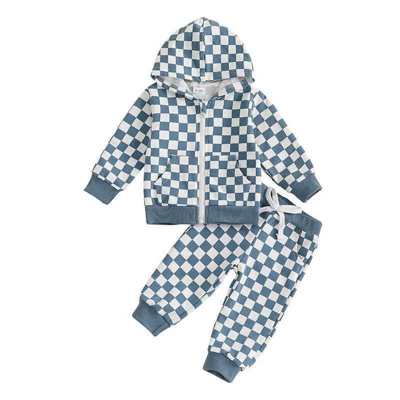 Baby Toddler Boy 2Pcs Checkered Outfit Long Sleeve Zip Up Hoodie Elastic Waist Pants with Pockets Jogger Set