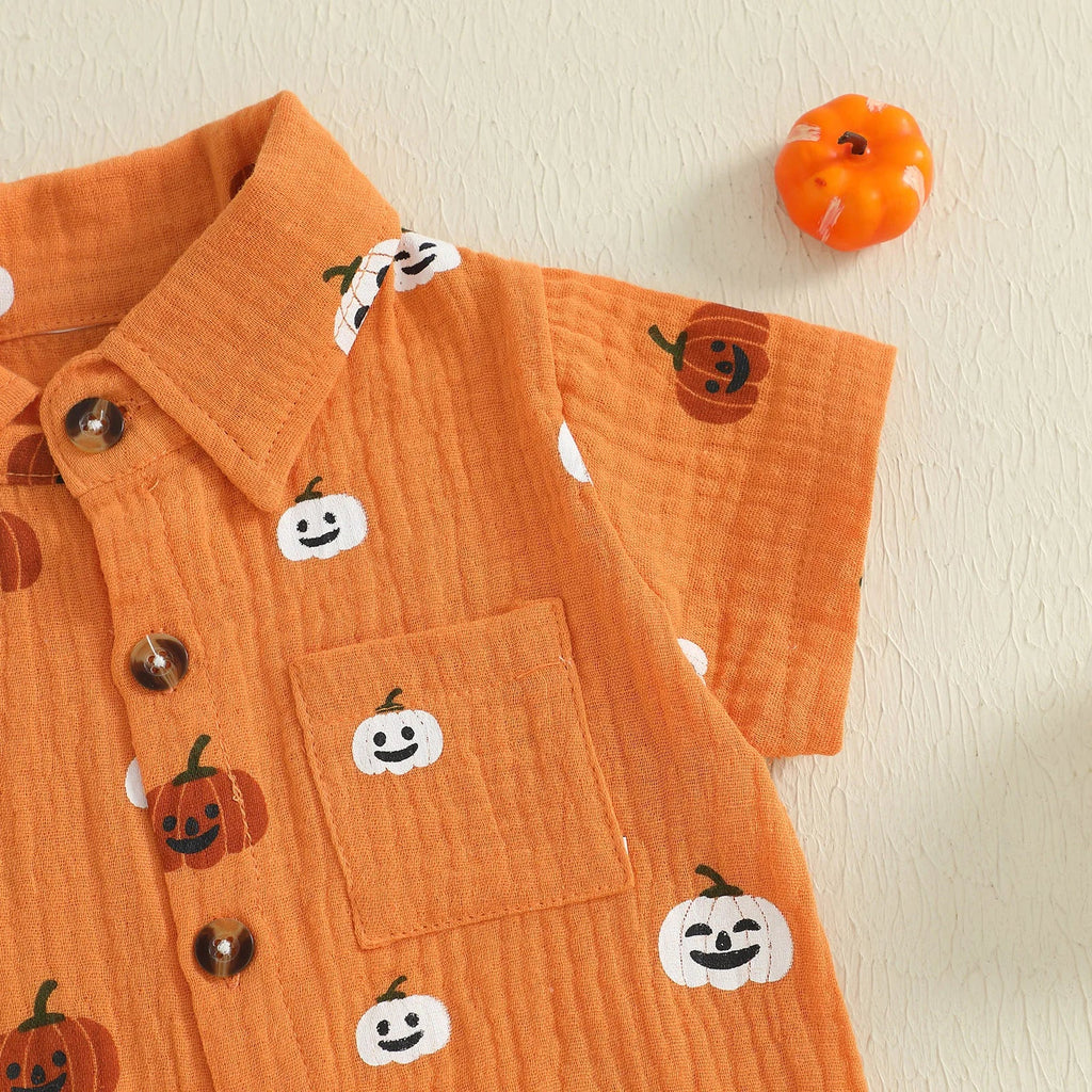Baby Boys Halloween Outfits Pumpkin Print Button Short Sleeves T-Shirt and Elastic Shorts Set Clothes Set