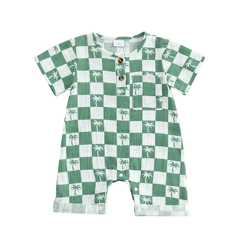 Baby Boy Romper Summer Short Sleeve Round Neck Checkered Tree Print Jumpsuit Playsuit