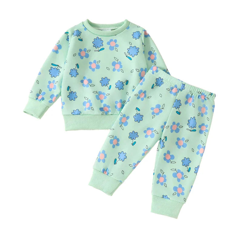 Baby Toddler Girls 2Pcs Fall Set Long Sleeve O Neck Floral Flower Print Top Elastic Waist Pants Set