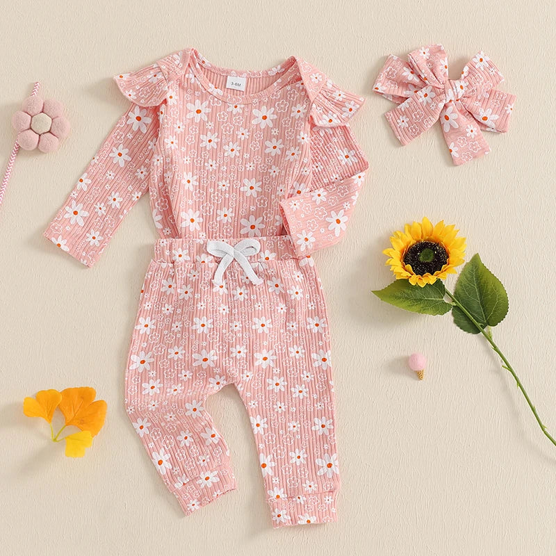 Baby Girl 3Pcs Spring Fall Outfit Floral Print Long Frill Sleeve Romper Long Flower Pants Headband Set