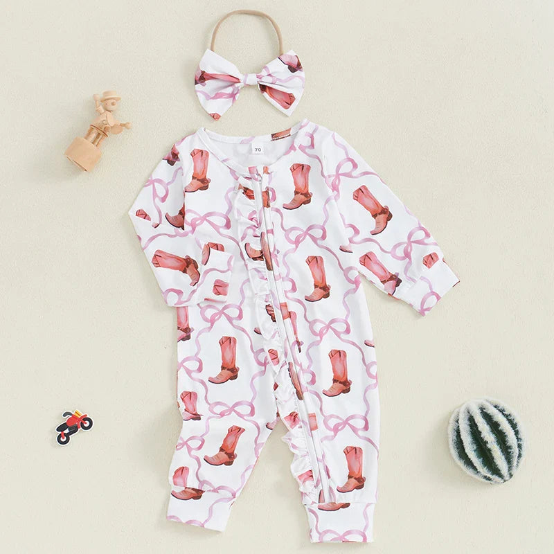 Baby Girl 2Pcs Fall Jumpsuit Ruffled Zip Up Boots Ribbons Print Long Sleeve Round Neck Zipper Romper Bow Headband Set