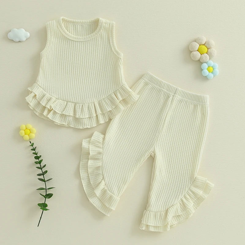 Baby Toddler Girl 2Pcs Summer Outfit Solid Waffle Round Neck Ruffled Tank Top with Long Pants Set