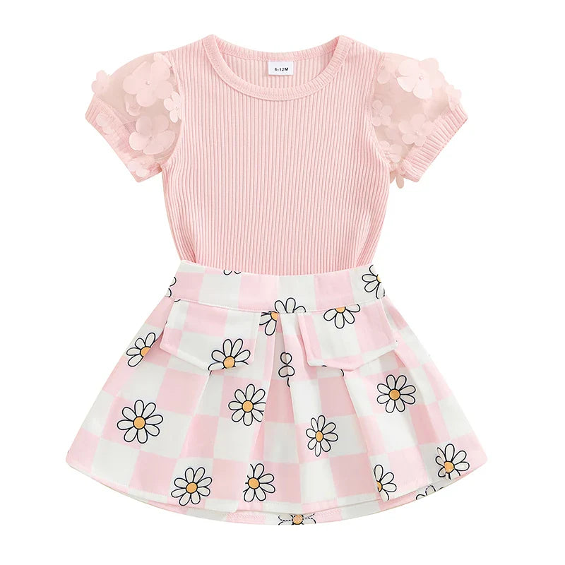 Toddler Kids Girls 2Pcs Summer Outfit Mesh Flower Sleeve Ribbed Top Floral Checker Print Skirt Set