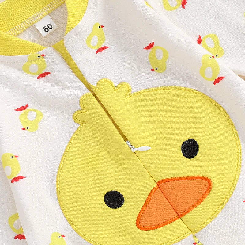 Baby Boys Girls 2Pcs Duck Outfit Long Sleeve Full Length Footed Jumpsuit Romper Duck Hat Set