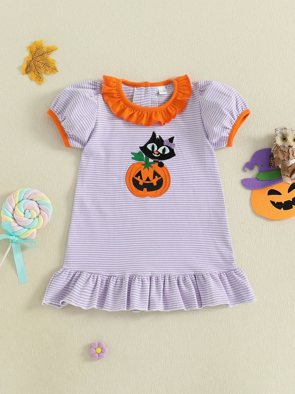 Baby Toddler Kids Girl Halloween Striped Dress Pumpkin Black Cat Embroidered Short Sleeve Ruffled Dress Cute Fall Clothes