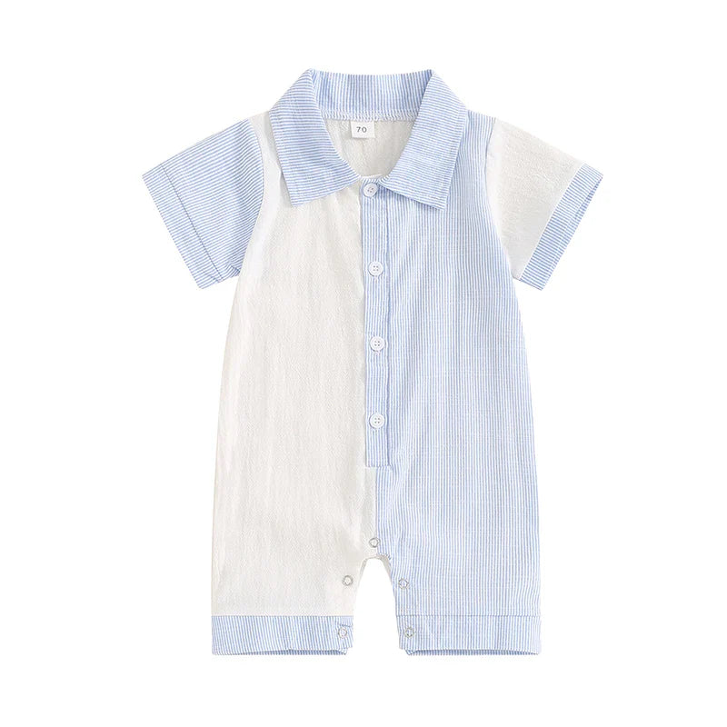 Baby Boy Jumpsuit Summer Short Sleeve Lapel Collar Stripes Contrast Color Print Romper Playsuit