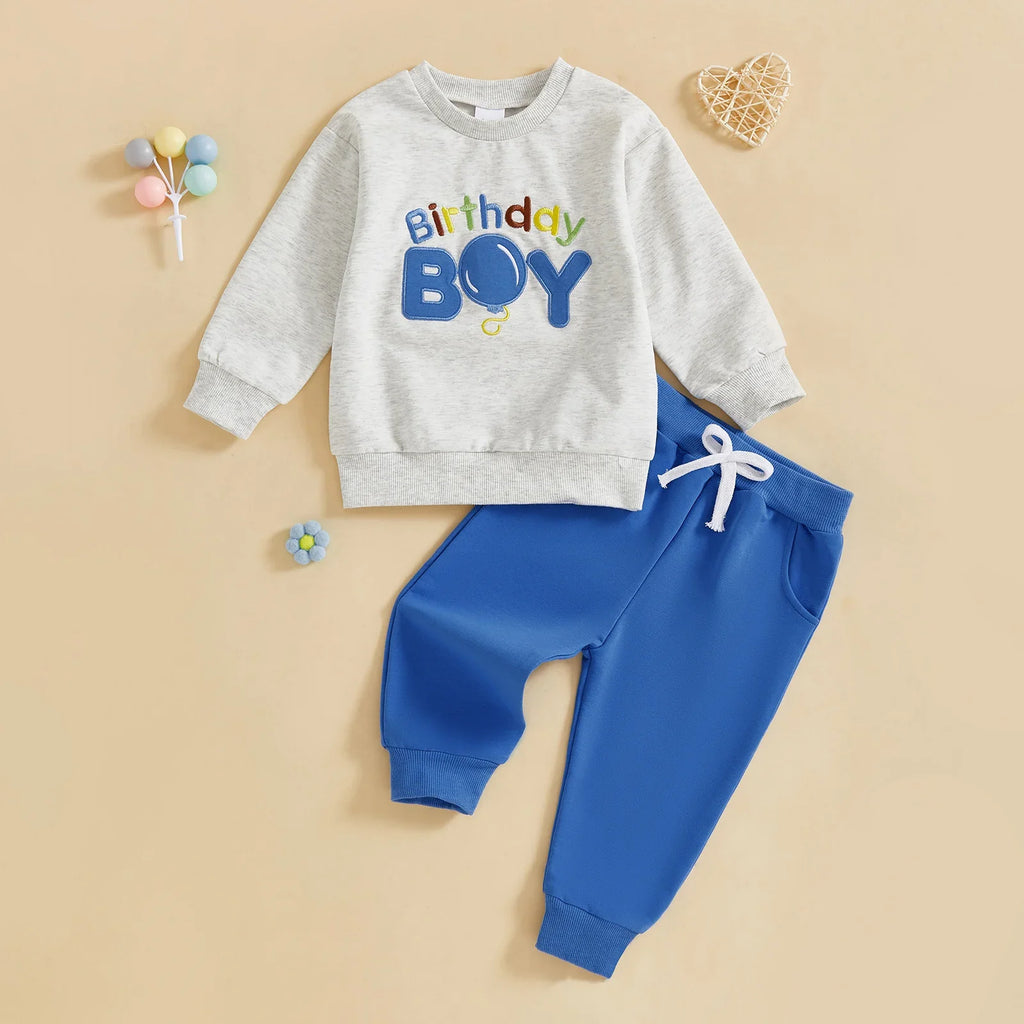 Baby Toddler Boy 2Pcs Birthday Boy Outfit Letter Ballon Embroidery Long Sleeve Pullover Crewneck Top Elastic Waist Solid Pants Jogger Set