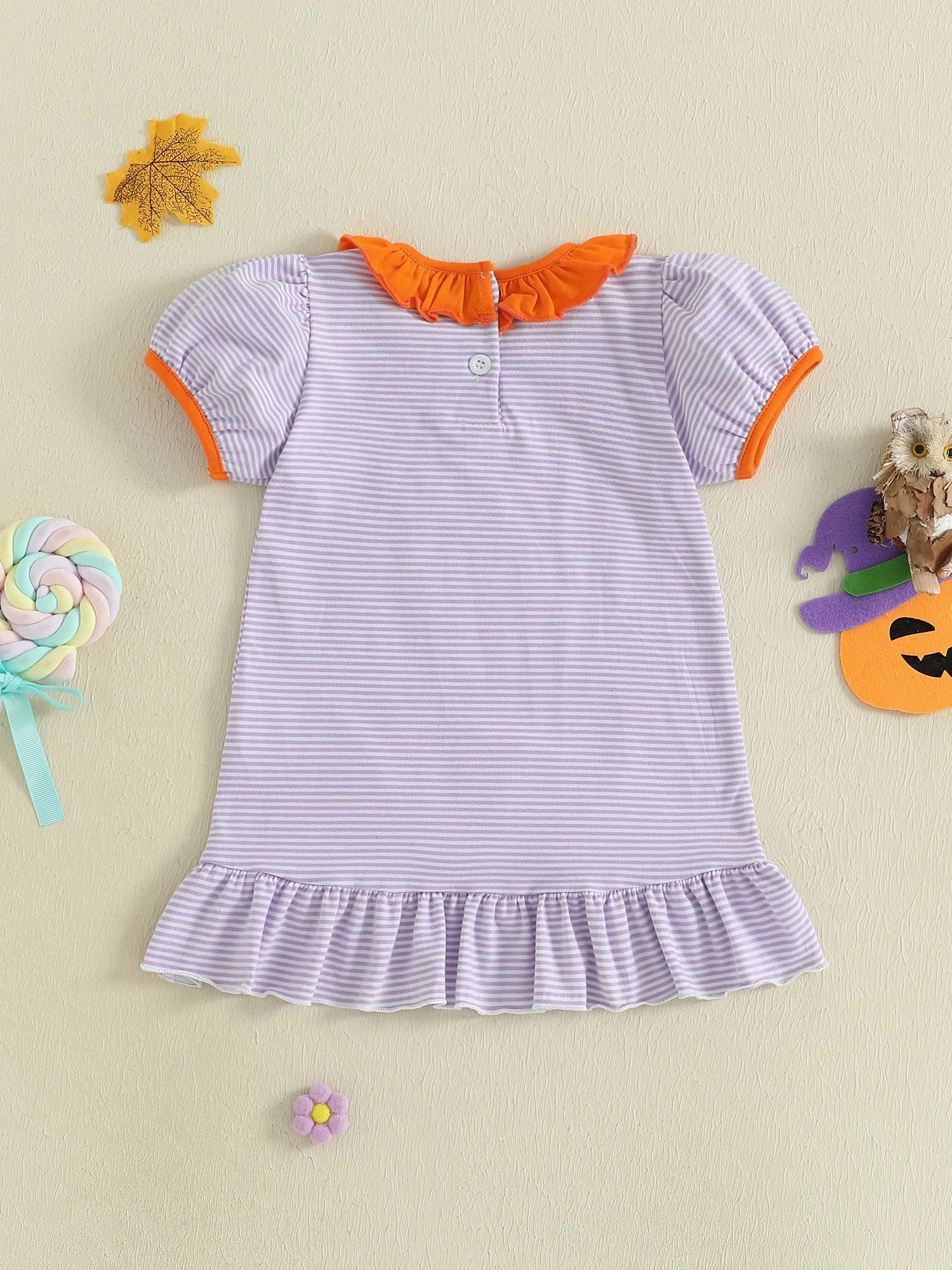 Baby Toddler Kids Girl Halloween Striped Dress Pumpkin Black Cat Embroidered Short Sleeve Ruffled Dress Cute Fall Clothes