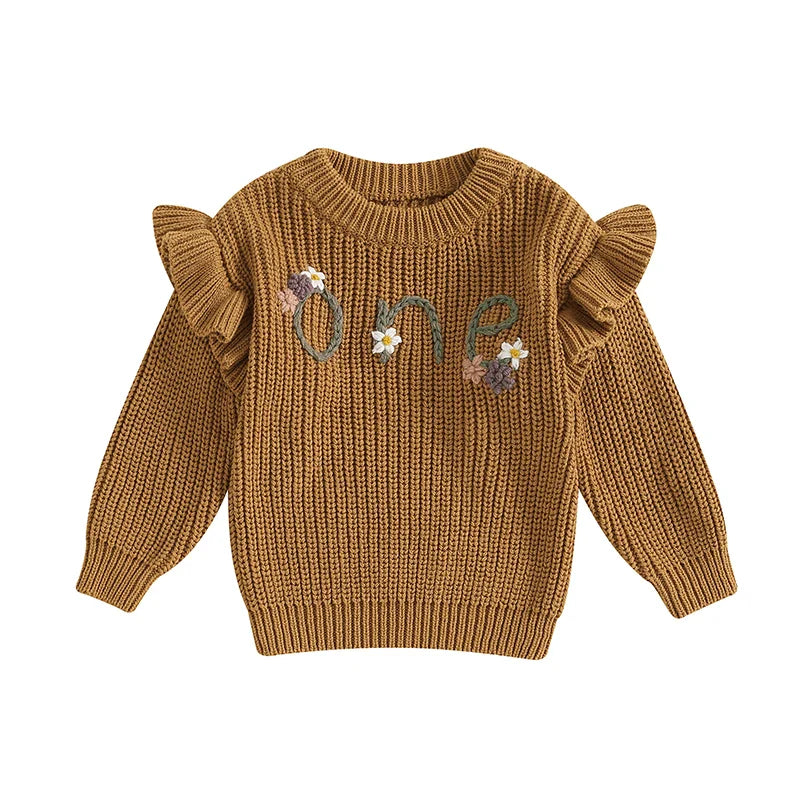 Baby Girl Birthday Sweater One Casual Floral Flowers Letter Embroidery Warm Long Sleeve Knitted Pullover Infant Knitwear Top