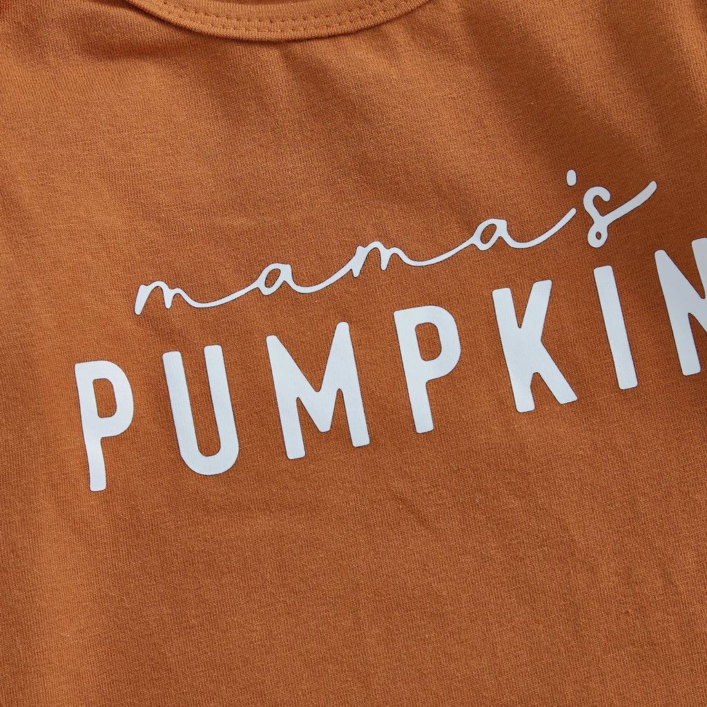 Baby Girls 4Pcs Halloween Outfit Letter Mama's Pumpkin Long Sleeve Romper Pumpkin Ruffle Shorts Skirt Bow Headband Solid Stockings Set