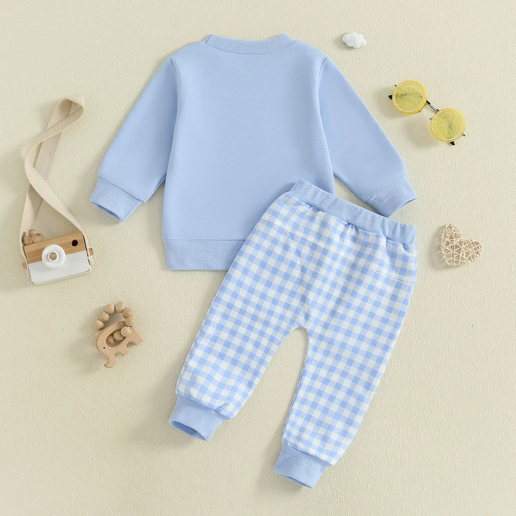 Baby Toddler Boys 2Pcs Fall Outfit Letter Embroidery Big Brother Long Sleeve Top and Elastic Plaid Pants Clothes