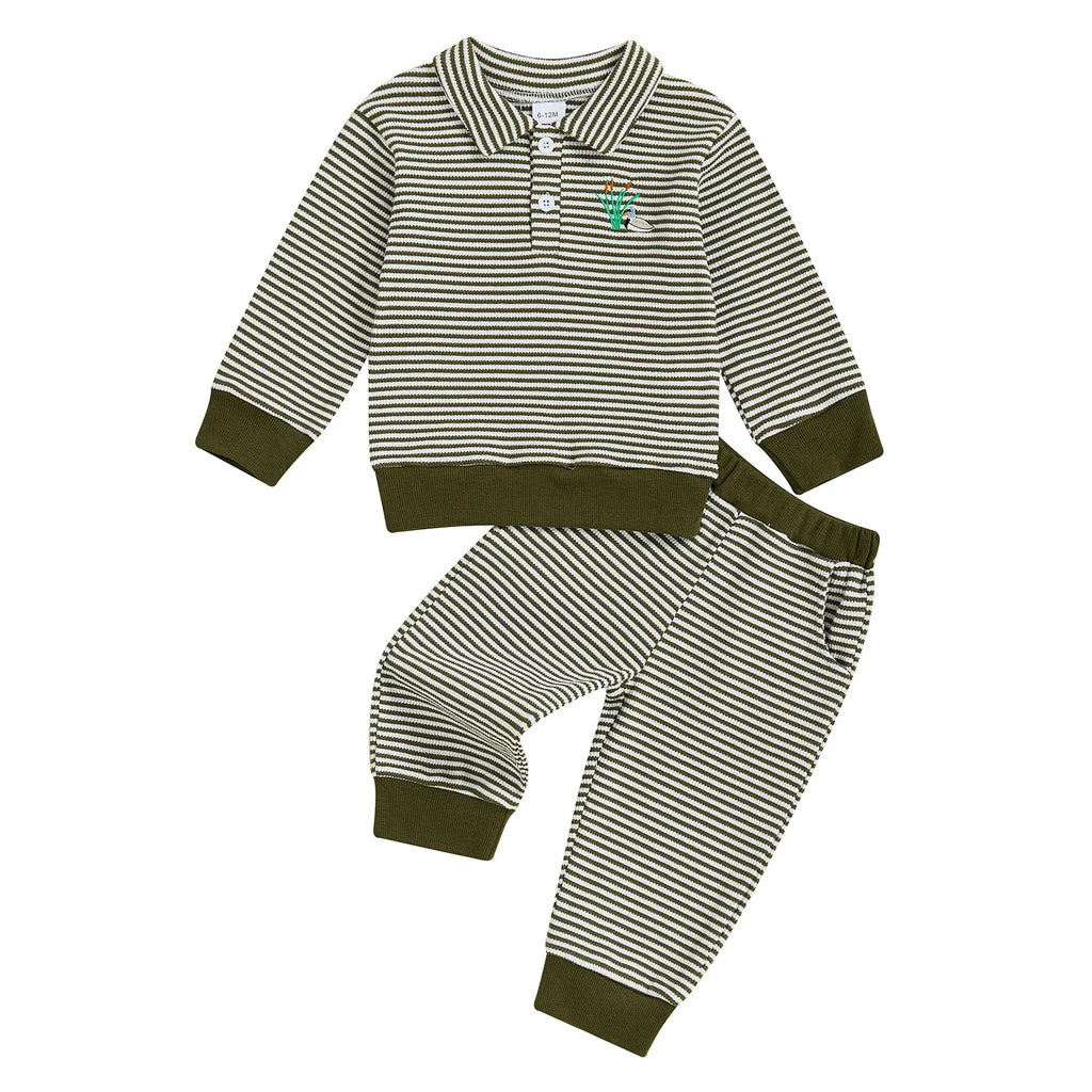 Baby Toddler Boys 2Pcs Long Sleeve Embroidery Duck Top with Striped Pants Infant Clothes Set