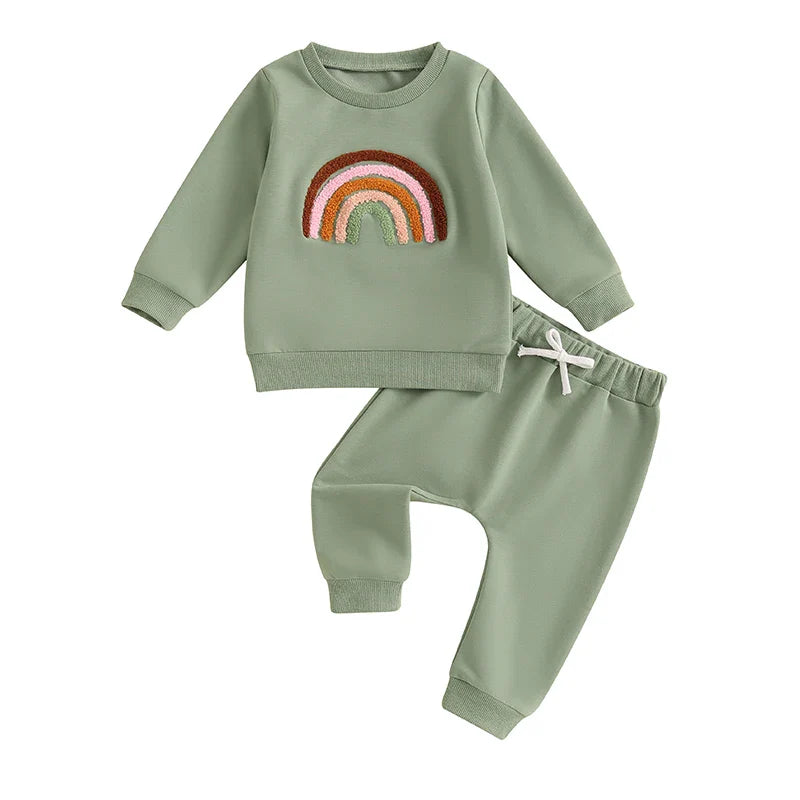 Baby Toddler Girls 2Pcs Outfit Embroidery Rainbow Long Sleeve Crew Neck Top with Elastic Waist Pants Set