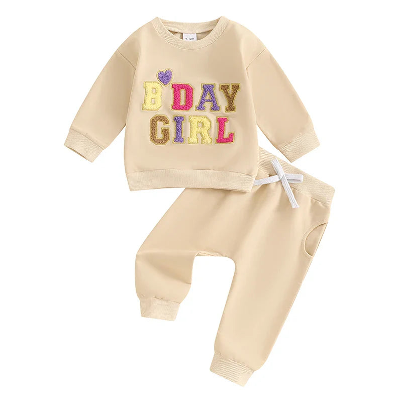 Baby Toddler Kids Girls 2Pcs Birthday Girl Outfit Long Sleeve Letter Embroidery Pullover + Pants Set
