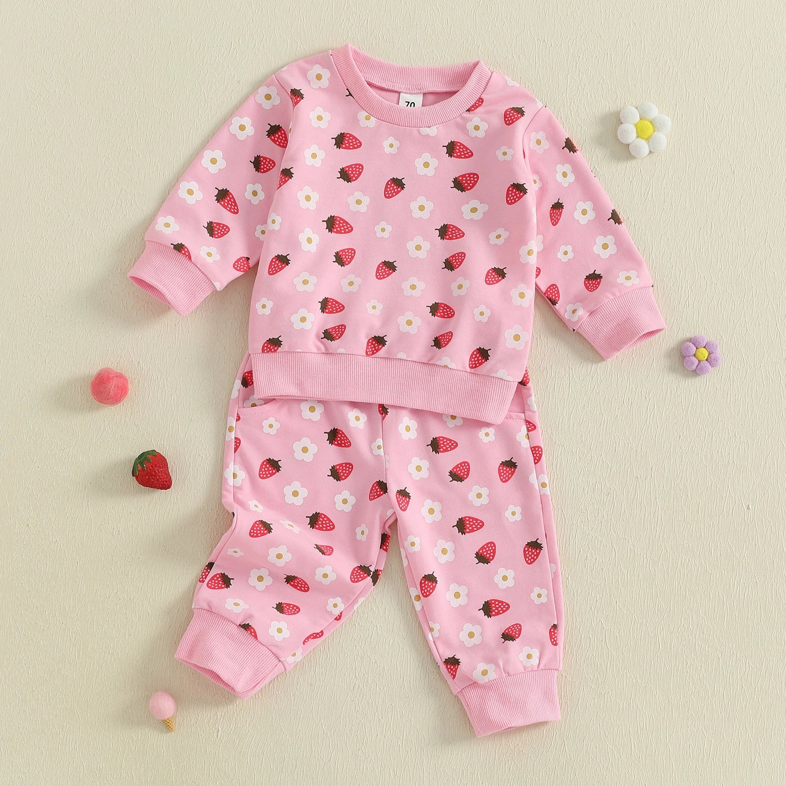 Baby Toddler Girl 2Pcs Fall Outfit Strawberry Flower Print Crew Neck Long Sleeve Top with Jogger Pants Set