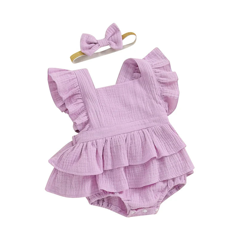 Baby Girls 2Pcs Romper Dress Solid Color Fly Sleeve Skirt Hem Tank Top Bodysuit Summer Clothes with Headband Set