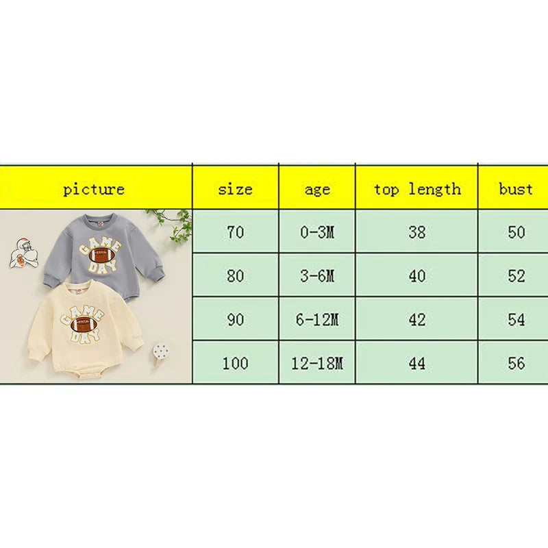 Baby Boys Girls Game Day Fall Bodysuit Letter Football Embroidery Long Sleeve Round Neck Jumpsuit Romper