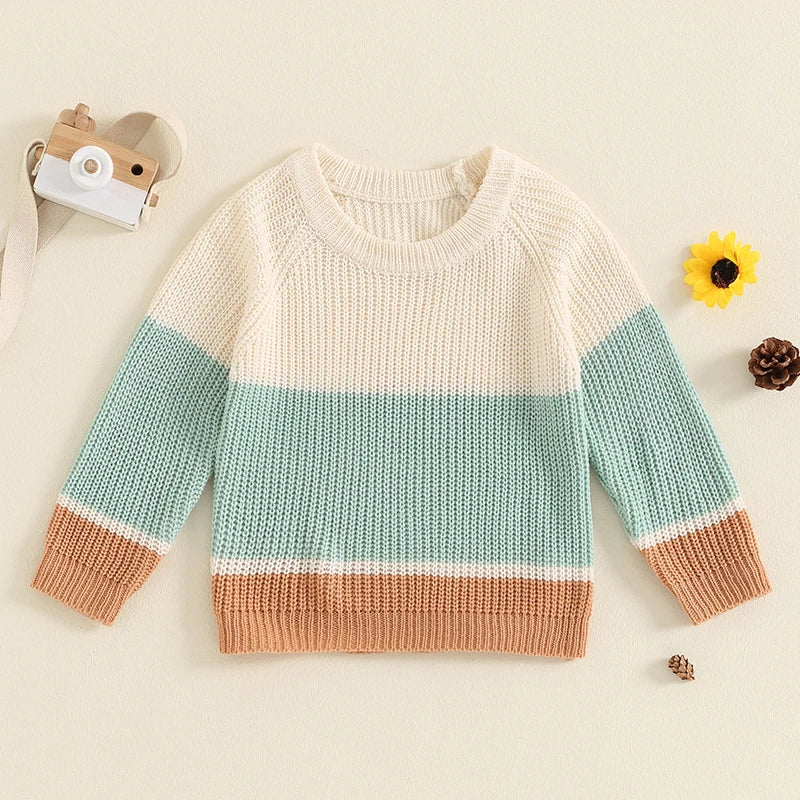 Baby Toddler Boys Girls Sweater Casual Contrast Color Stripes Warm Knitted Long Sleeve Pullover Top