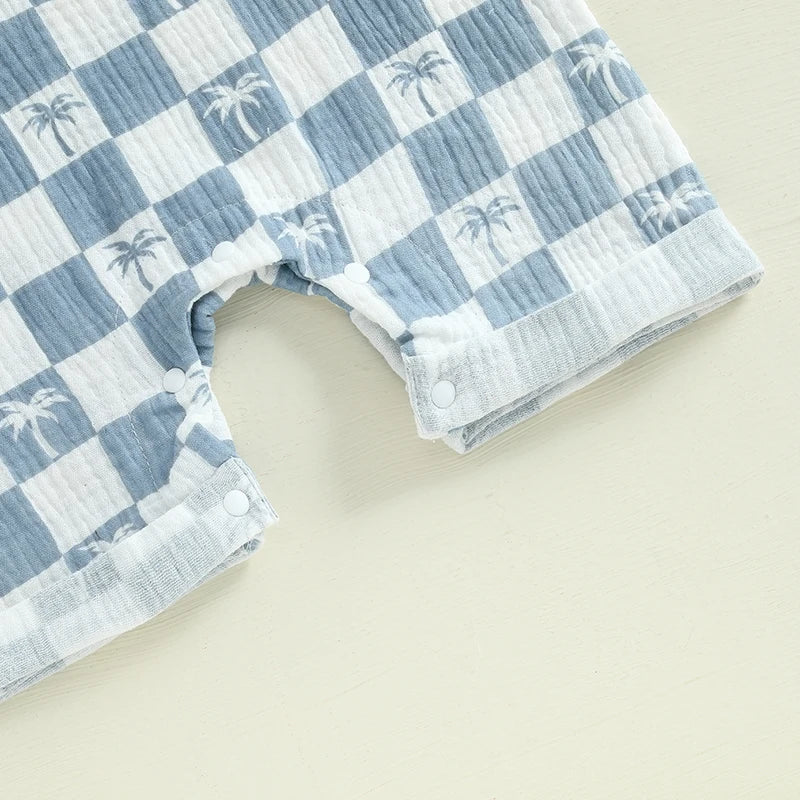 Baby Boy Romper Summer Short Sleeve Round Neck Checkered Tree Print Jumpsuit Playsuit