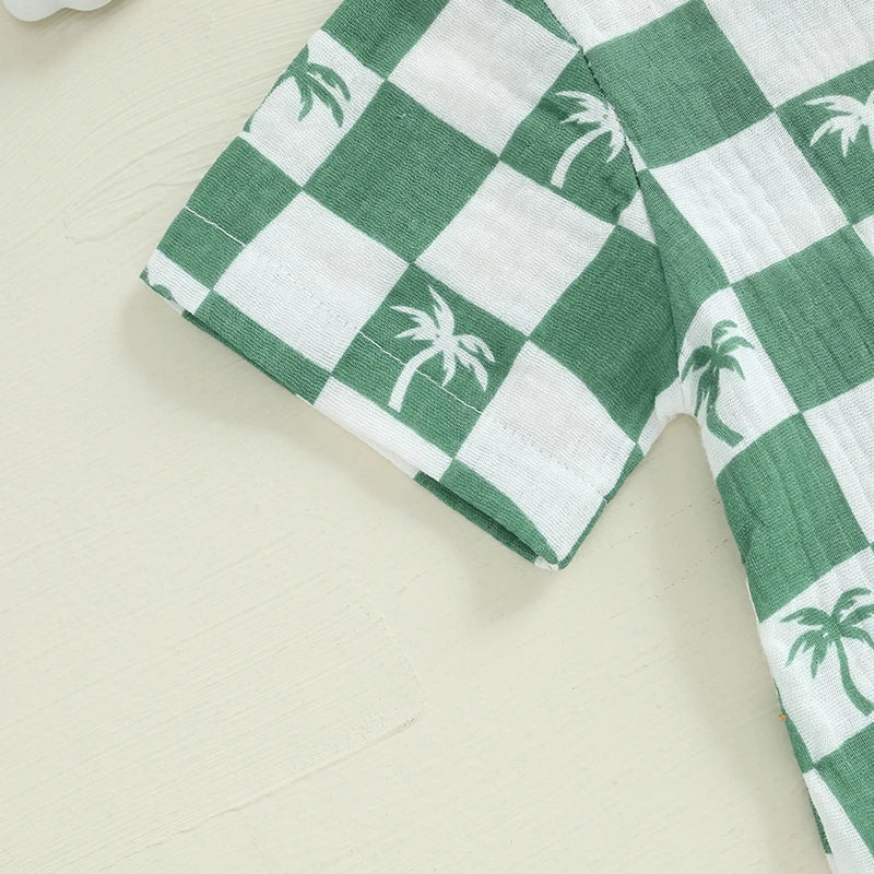 Baby Boy Romper Summer Short Sleeve Round Neck Checkered Tree Print Jumpsuit Playsuit