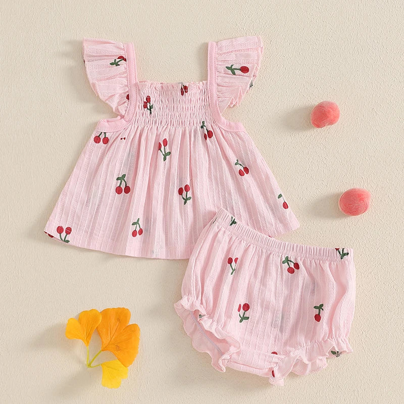 Baby Toddler Girl 2Pcs Shorts Set Cherry Print Fly Sleeve Babydoll Top Elastic Waist Ruffle Shorts Summer Outfit