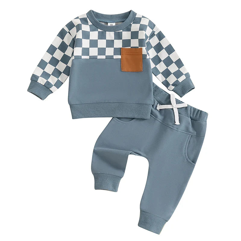 Baby Toddler Boys 2Pcs Fall Clothes Checkerboard Print Long Sleeve Pocket Top with Solid Color Long Pants Outfit Set